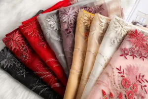 Beautiful floral embroidered silk scarf for women, elegant fashion wrap in multiple vibrant colors.