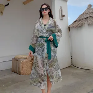 Damen Lange Sonnenschutzkleidung Grüne Blätter Druck Mit Kapuze Cardigan Outdoor Strand Leichte Atmungsaktive Oberbekleidung