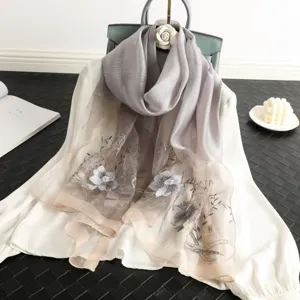Detailed view of the elegant autumn winter silk wool blended scarf with exquisite floral embroidery.