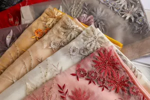 Close-up detail of luxurious silk embroidered scarf with exquisite floral beading and mesh fabric.