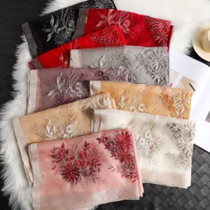 Elegant silk embroidered scarf for women, floral design fashion spring autumn shawl.