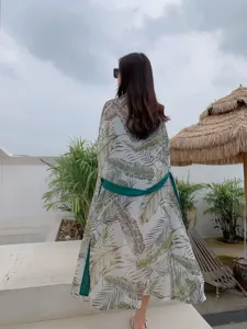 Women summer tropical leaf print long beach cover up kimono with green belt outerwear.