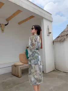 Sommer Damen lang grüne tropische Blatt Druck Sonnenschutz Strand Cardigan Mantel