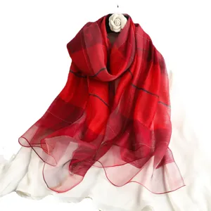 Red Plaid Silk Wool Scarf Gradient Design Sun Protection Shawl Elegant Women Wrap
