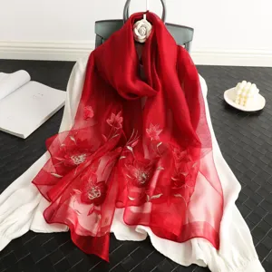 Red silk wool embroidered scarf with sequins, elegant floral shawl for women autumn winter.