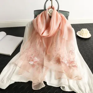 Elegant pink silk wool blended scarf featuring exquisite floral embroidery for autumn winter.