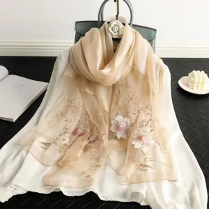 Elegant embroidered silk wool blend scarf with delicate floral design for women autumn winter.