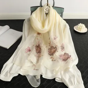 Exquisite sequin floral embroidered silk wool scarf, elegant women's shawl detail.