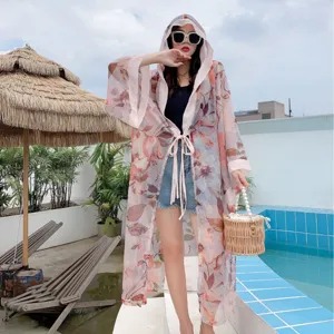 Women Summer Floral Sun Protection Cardigan Hooded Beach Cover Up Long Sleeve Kimono Coat