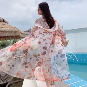 Women floral print beach sun protection cardigan hoodie summer long cover up swimwear