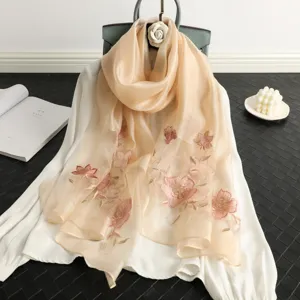Elegant champagne silk wool embroidered scarf with floral sequins for women luxury shawl.