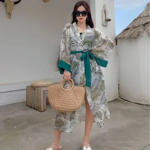 Tropical print beach cover-up kimono long sleeve summer sun protection cardigan for women