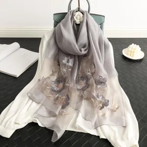 Grey silk wool scarf for women featuring exquisite sequin five-leaf flower embroidery details.
