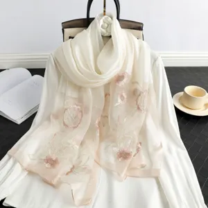 Women Silk Wool Scarf Embroidered Floral Lightweight Long Shawl Elegant Casual Soft Breathable Neck Wrap