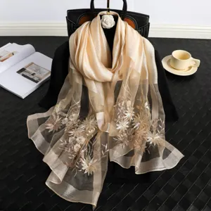 Luxury silk embroidered scarf elegant floral shawl lightweight sun protection women accessory