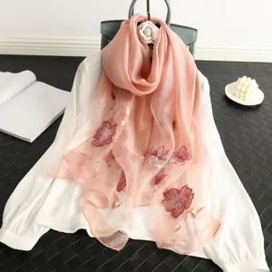 Pink floral embroidered silk wool scarf women shawl elegant accessory for autumn winter season