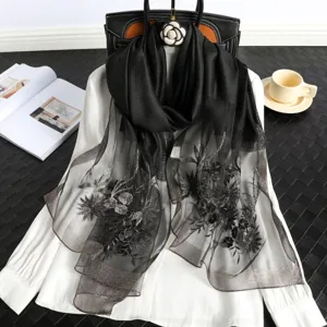 Black sheer embroidered silk scarf for women, elegant floral shawl wrap for spring autumn daily wear.