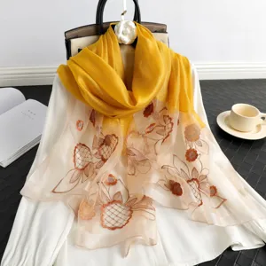 Luxury silk wool embroidered scarf for women, elegant floral sunscreen shawl and fashion wrap.