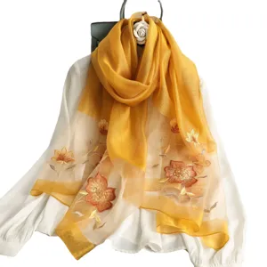 Elegant yellow embroidered silk wool scarf women shawl for autumn winter stylish accessory main view