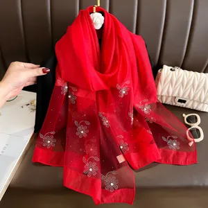 Red rhinestone beaded flower silk scarf shawl elegant evening dress wrap accessory for women