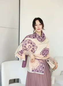 Women winter cashmere feel floral print shawl fashion cozy tassel warm winter scarf wrap