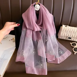 Gradient rhinestone beaded silk scarf shawl, elegant floral design for evening dress.