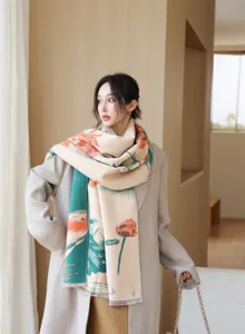 Women's thick cashmere-feel jacquard winter scarf with elegant floral and bird pattern, tassel hem.