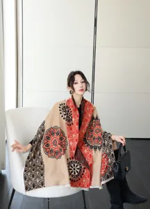 Women's oversized printed cashmere-feel scarf winter warm shawl vintage floral tassel wrap.