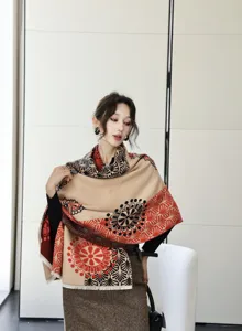 Close-up detail of women's printed cashmere feel winter fashion scarf floral pattern.