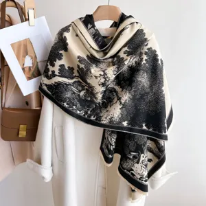 Damen Kaschmirimitat Schal schwarz weiss Landschaft Druck Winter warme Schultertuch
