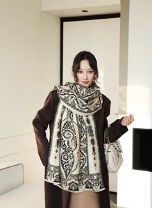 Autumn winter thick imitation cashmere scarf women, vintage baroque print warm travel shawl.