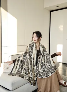 Women autumn winter thick cashmere feel fashion printed shawl scarf elegant detail view