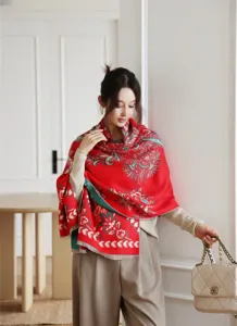 Rotes vintage blumenmuster kaschmir gefühl schal damen winter warme mode tuch detailansicht