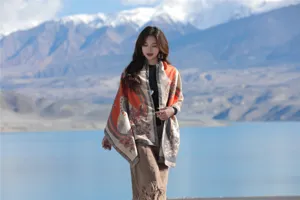 Winter thick women shawl imitation cashmere jacquard fringe warm scarf for outdoor daily wear