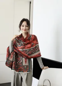 Close-up of women's printed winter shawl, highlighting the elegant ethnic pattern and soft texture.