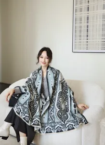 Detailed view of the patterned winter shawl, showcasing exquisite print and soft fabric.