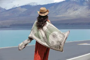 Cozy winter cashmere-feel jacquard fringe shawl and scarf with vintage celestial pattern.