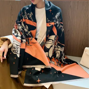 Winter warm cashmere feel jacquard tassel shawl scarf with space derby design for women main view