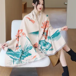 Winter thick warm shawl, soft cashmere-feel jacquard fringed scarf with lotus design.