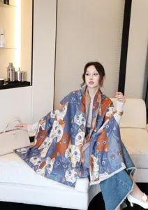 Detailed view of women's autumn winter cashmere feel cat print fashion warm travel scarf shawl.