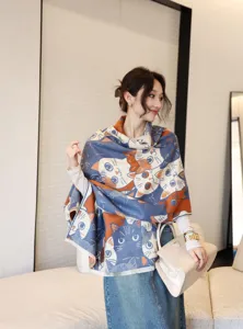 Detail view of women autumn winter print shawl, soft cashmere feel, warm stylish neck.