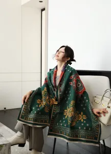Detailed view of women's autumn winter thick retro printed cashmere feel shawl scarf.