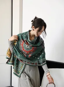 Detailed view of the women winter printed cashmere feel shawl scarf with ethnic mandala pattern.
