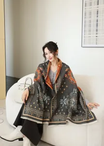 Detailed view of the women retro printed autumn winter cashmere feel warm shawl scarf.