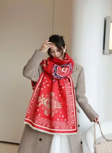 Red patterned cashmere feel winter scarf for women, warm thick vintage shawl and wrap.