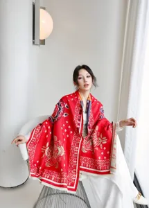Thick warm red printed imitation cashmere scarf, stylish winter travel leisure shawl for women daily.