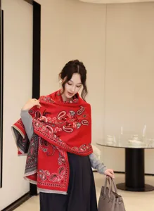Primo piano dettagliato della bellissima sciarpa rossa con motivo paisley elegante.
