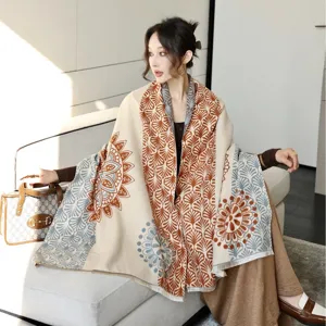 2024 New Floral Print Fashion Women Winter Cashmere-Feel Travel Casual Thickened Warm Shawl Scarf