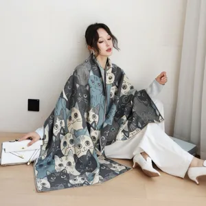 Cat print winter cashmere feel warm shawl scarf for women fashion casual thick wrap blanket