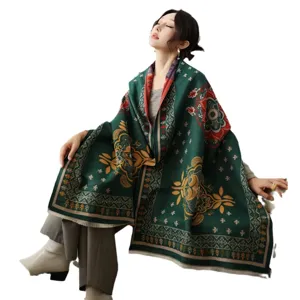 Winter women's vintage floral pattern shawl warm cashmere feel travel fashion green wrap scarf